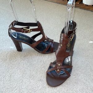 Franco Sarto Ibiza, leather heeled sandals with brass colored hardware